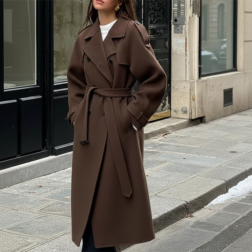 Elegant women's beige maxi coat with waist belt, double-breasted, perfect for fall and winter fashion