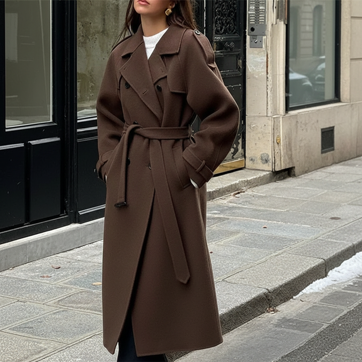 Elegant women's beige maxi coat with waist belt, double-breasted, perfect for fall and winter fashion