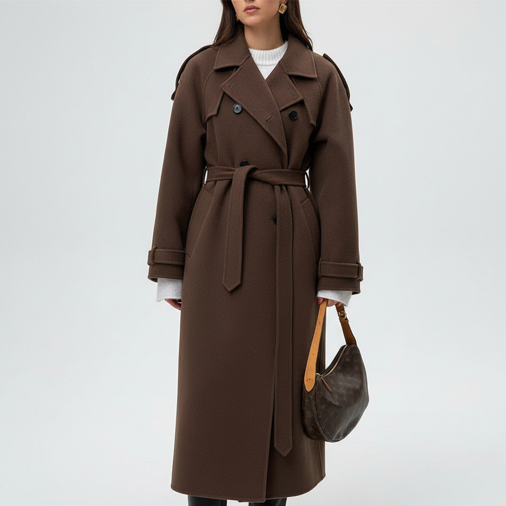 Classic long women's winter coat in a neutral color with a stylish waist belt and lapel collar