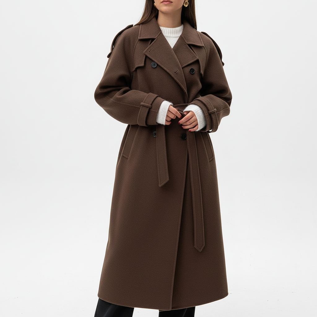 Stylish women's long beige coat with an adjustable waist belt, showcasing a classic and elegant design