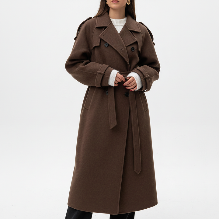 Stylish women's long beige coat with an adjustable waist belt, showcasing a classic and elegant design