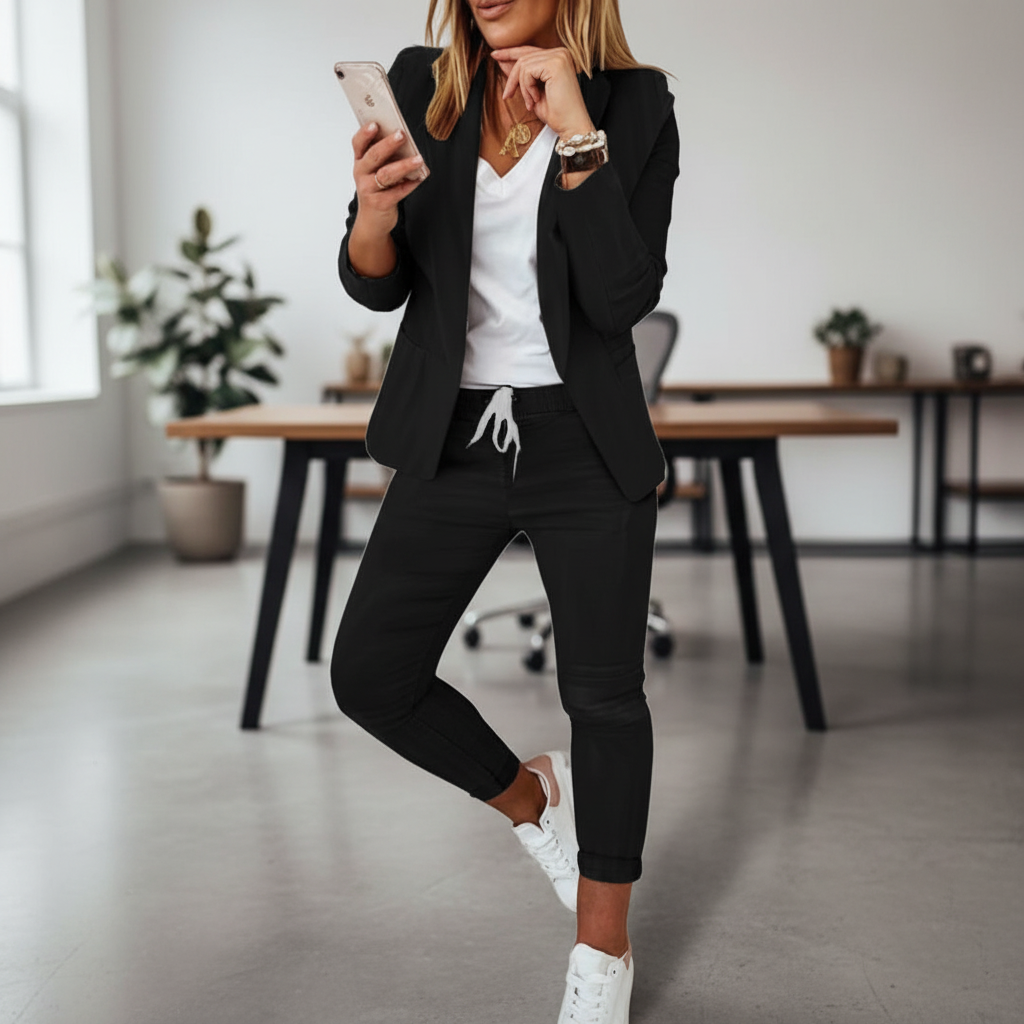 Elegant women's black blazer and trousers two-piece set, ideal for business casual or workwear