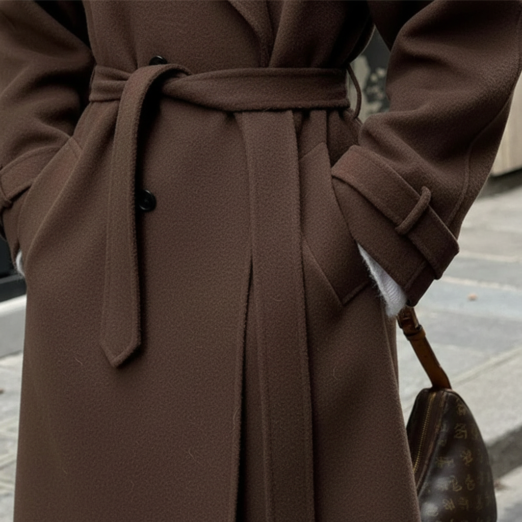Maxi length women's coat with waist tie, a chic and elegant piece of winter outerwear