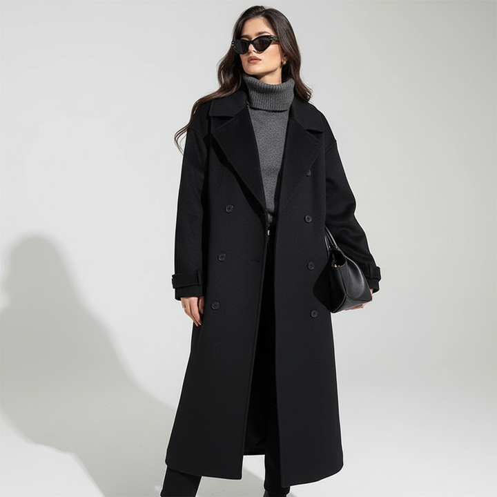 Fashionable women's belted maxi coat, providing an elegant and warm winter outerwear option