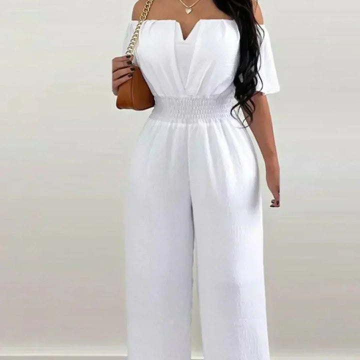Black off-shoulder jumpsuit for women with short sleeves and straight leg, ideal for a party or casual wear.
