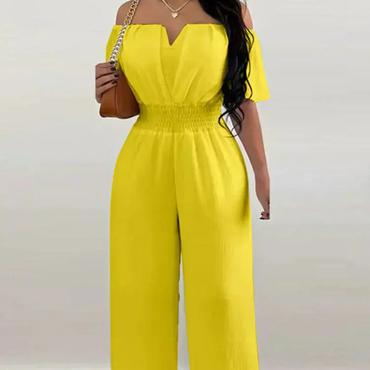 Summer fashion women's off-shoulder jumpsuit, short-sleeved, with elastic waist and comfortable straight leg.