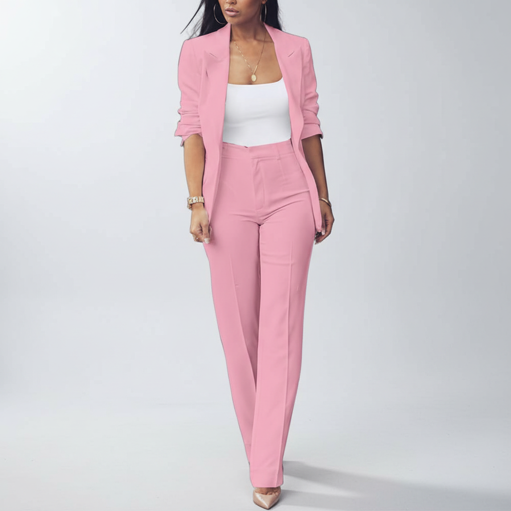 Graceful women's business attire, a two-piece blazer and slim pant set in a solid color.
