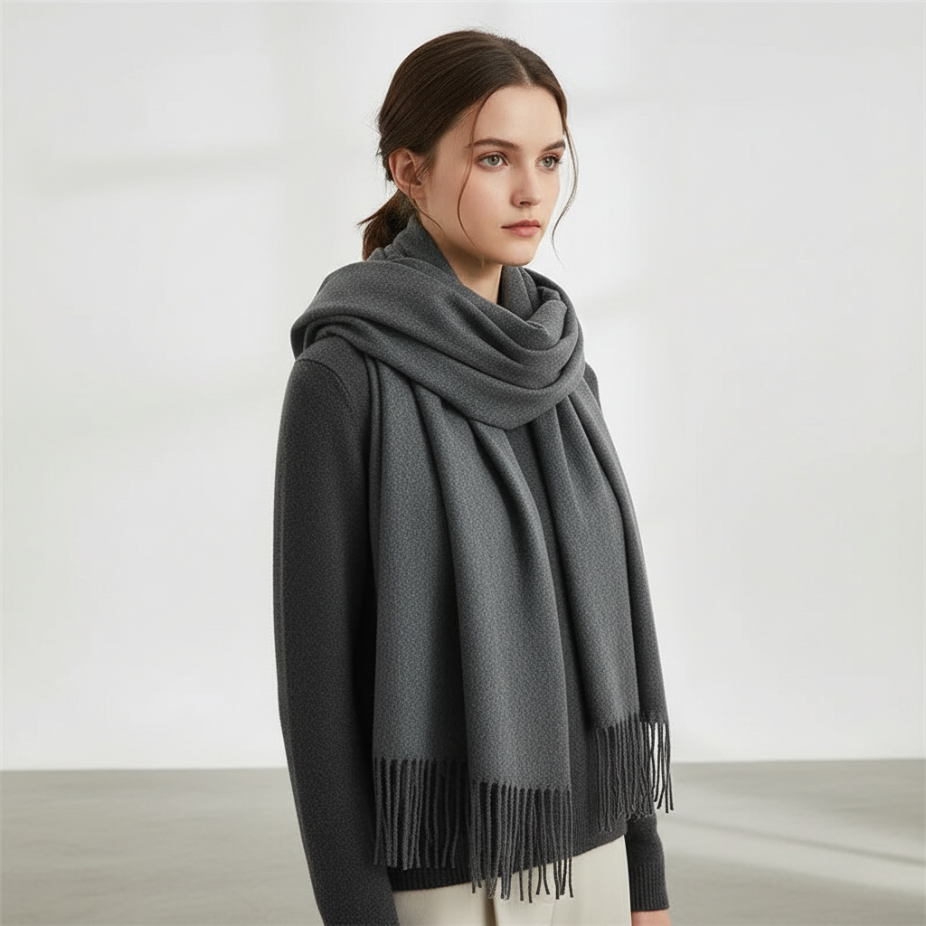Warm women's cashmere blend scarf with fringed edges, an elegant and versatile accessory.