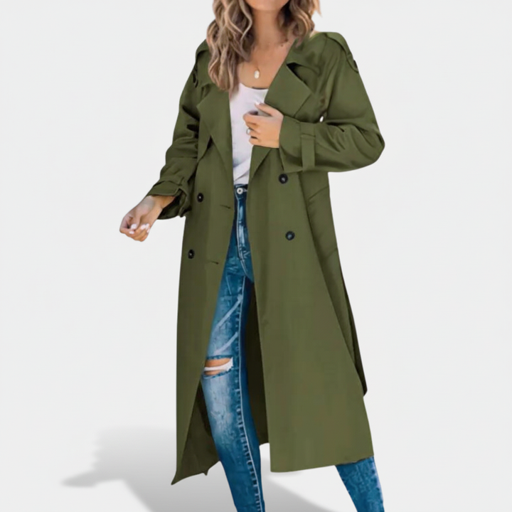 Model wearing a women's versatile classic trench coat, ideal for elegant autumn and winter outfits