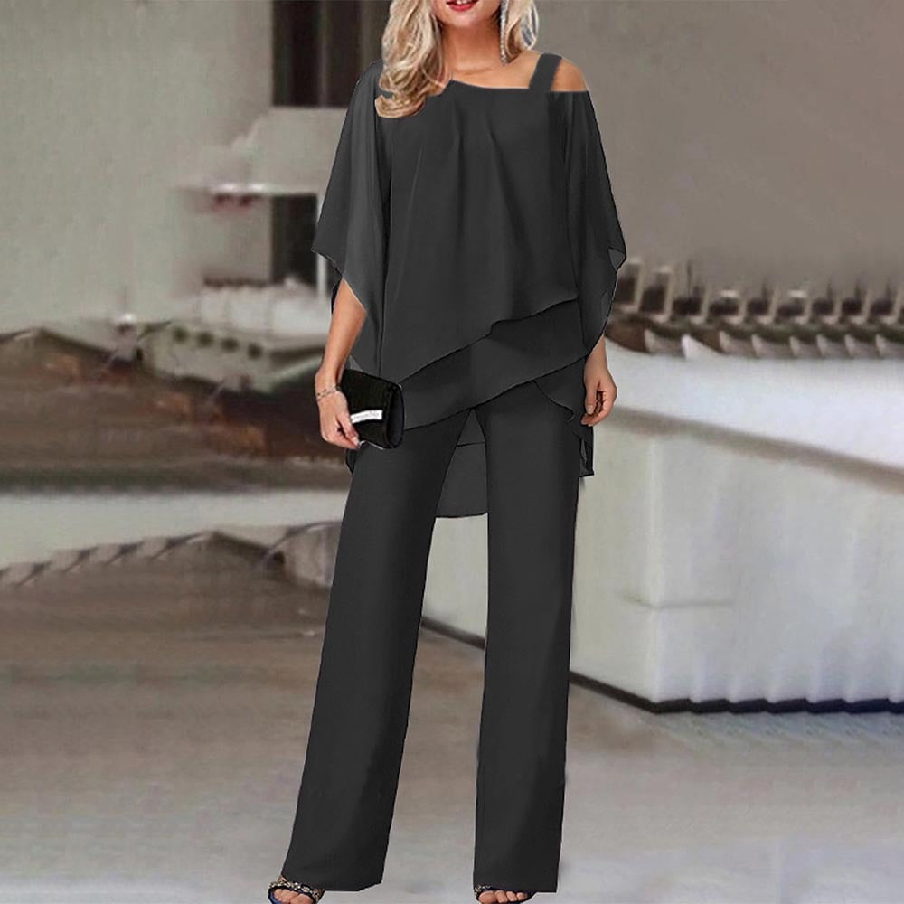 Women's black elegant cold shoulder 2-piece outfit. Versatile co-ord for formal events, parties, or business casual.