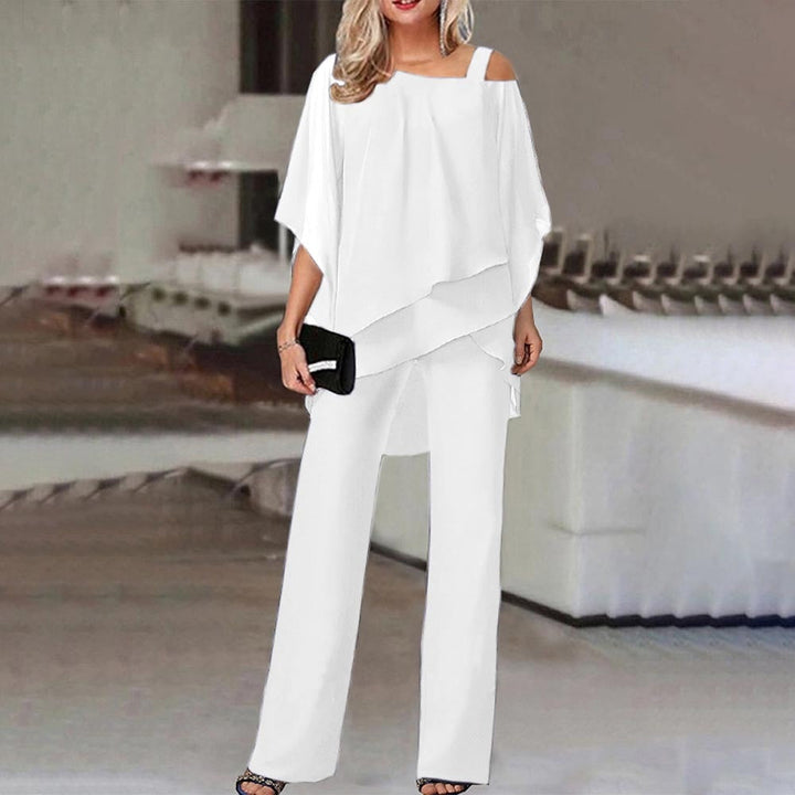 Stylish women's cold shoulder 2-piece set. Elegant trouser co-ord, ideal for formal wear, party or business casual.