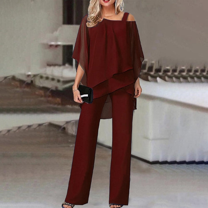 Bordeaux women's elegant cold shoulder 2-piece outfit set. Stylish trouser co-ord for parties or business casual.