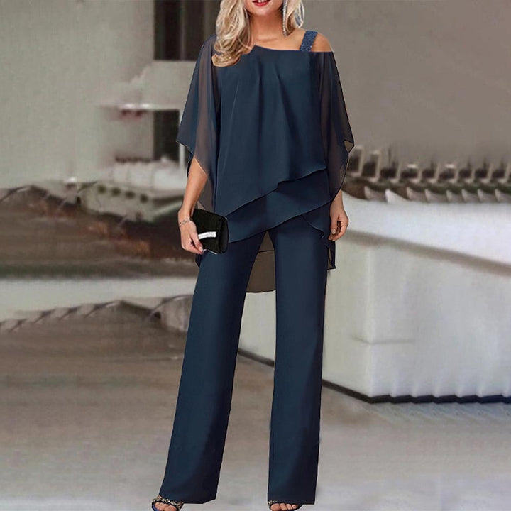 Dark blue women's stylish cold shoulder 2-piece co-ord set. Elegant trouser outfit suitable for formal or party wear.