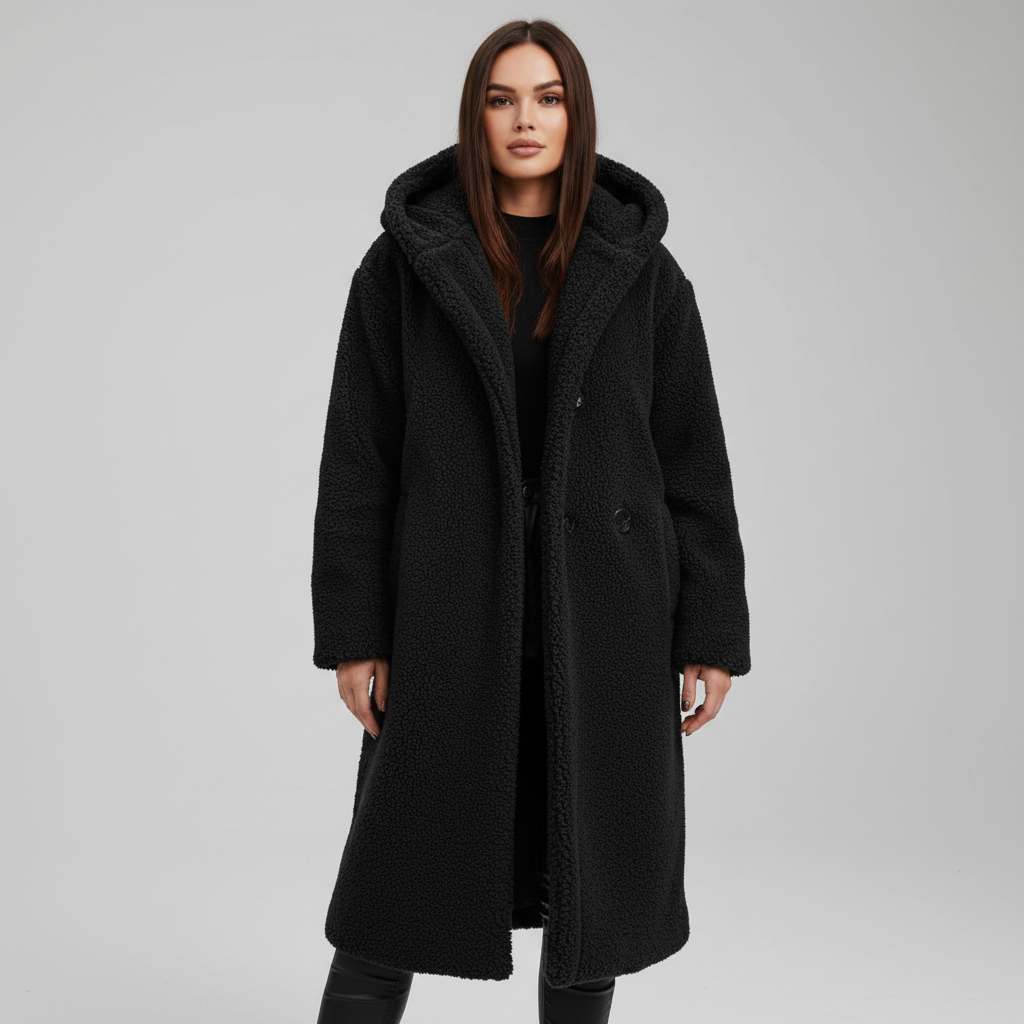 Close-up of the fabric texture on a women's cozy autumn longline hooded coat, showing its soft finish.