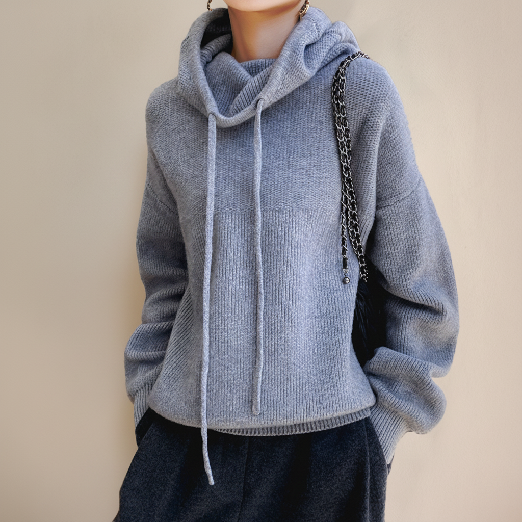 Woman wearing a chic cream roll-neck knit jumper, styled for autumn elegance.
