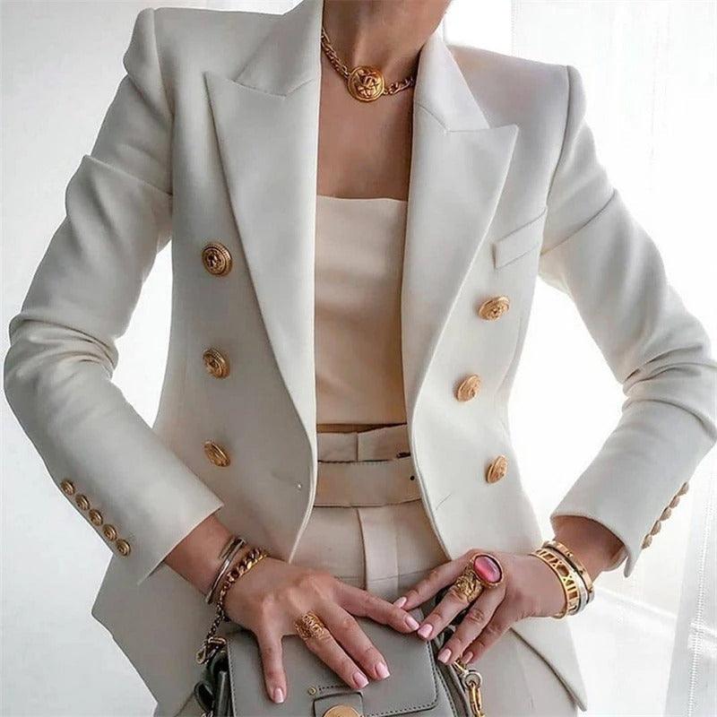 Timeless red double-breasted blazer for women. Versatile business casual & formal office fashion jacket.
