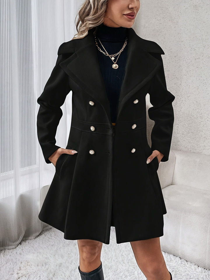 Stylish double-breasted flare coat for women, an elegant winter coat featuring a classic notched collar.