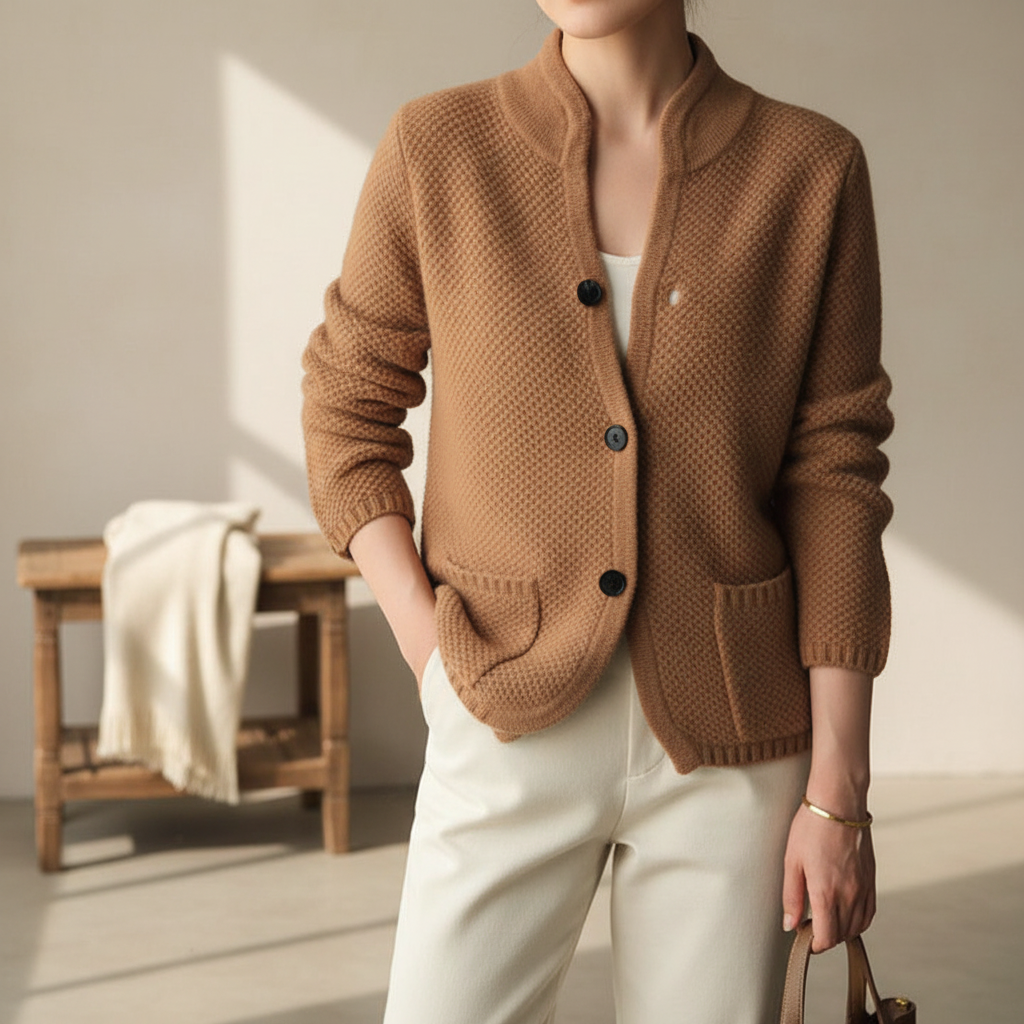Elegant women's fitted cashmere cardigan in classic black, perfect for versatile styling & cozy comfort