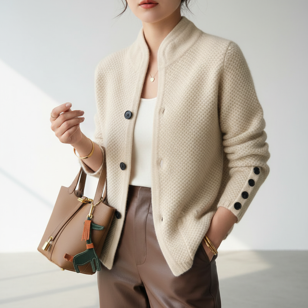 Stylish women's black cashmere cardigan, figure-hugging design for an elegant, cozy & timeless look