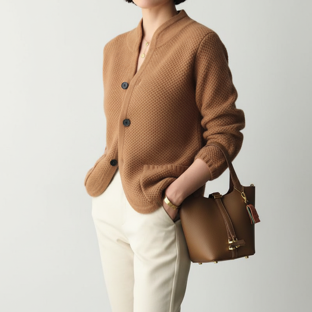 Figure-hugging cashmere blend cardigan for women, offering a cozy and elegant soft touch