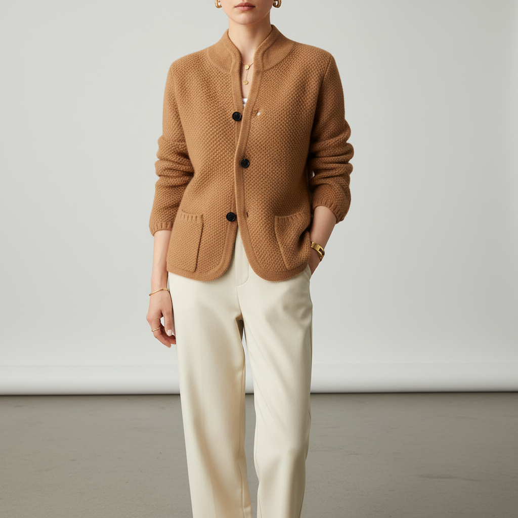 Cozy and elegant women's fitted knit cardigan, cashmere blend for a figure-hugging silhouette