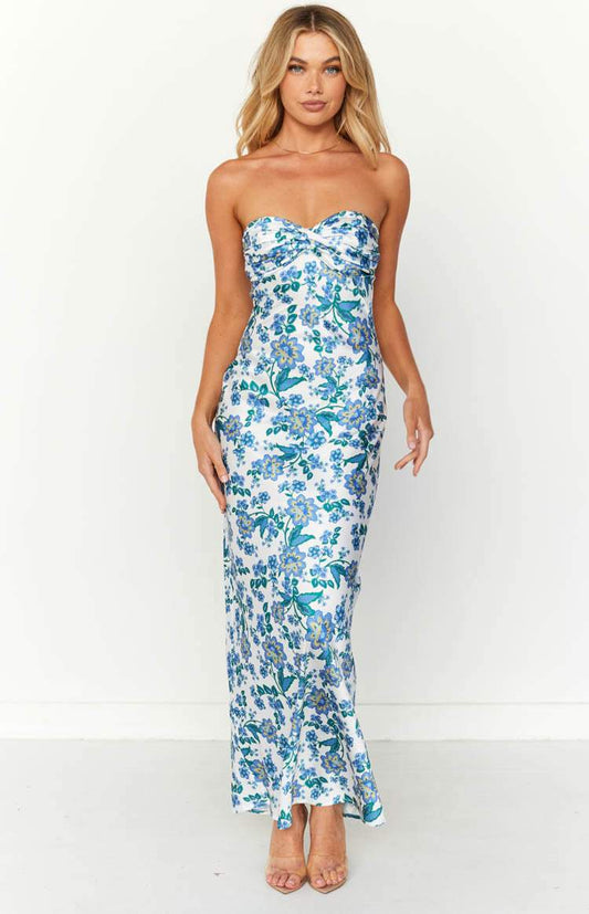 Elegant women's floral knotted tube maxi dress in blue print, perfect for summer evenings.