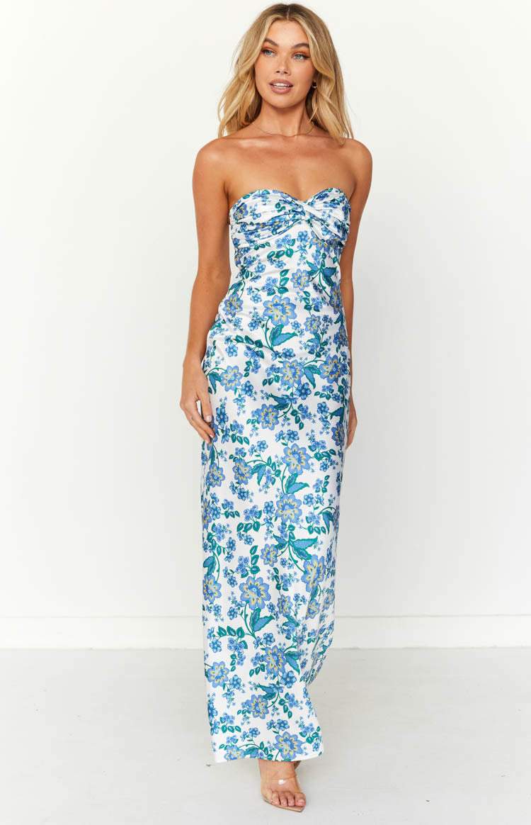 Knotted tube maxi dress in blue floral print, a fashionable and elegant choice for women.
