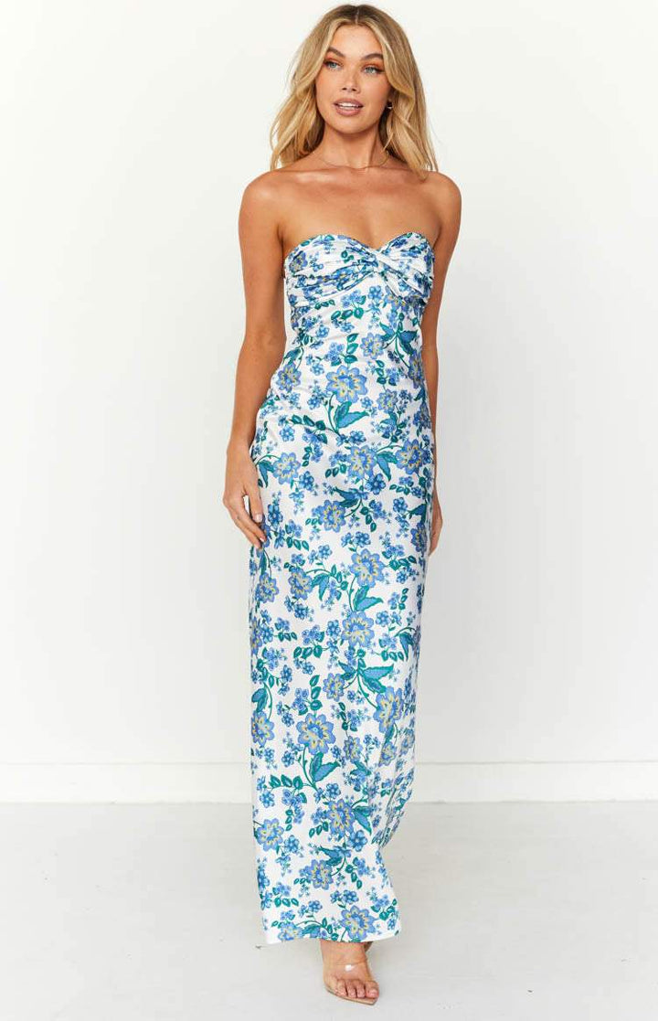 Knotted tube maxi dress in blue floral print, a fashionable and elegant choice for women.