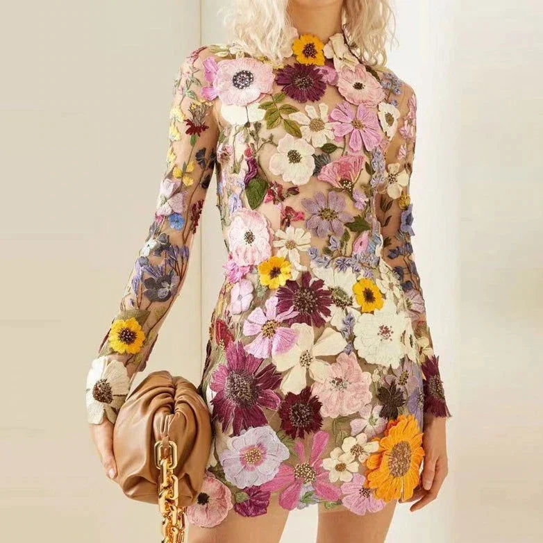 Elegant women's floral lace cocktail dress with long sleeves & high neck, perfect for parties & special occasions.