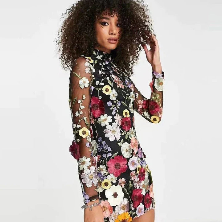 Stylish women's floral lace party dress, a short cocktail gown with elegant long sleeves and high neck design.