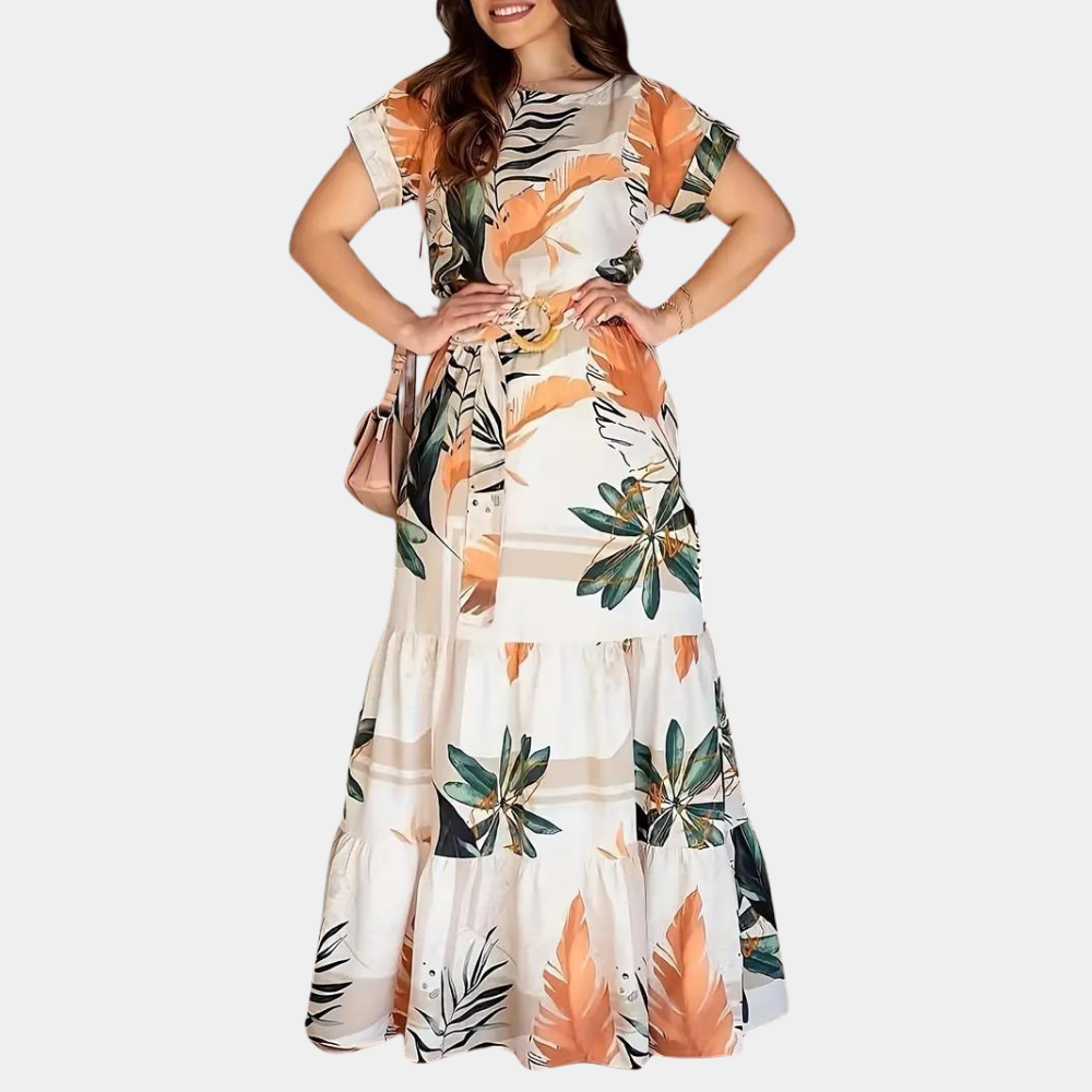 Elegant women's floral print stretch midi dress with short sleeves, perfect for summer casual wear