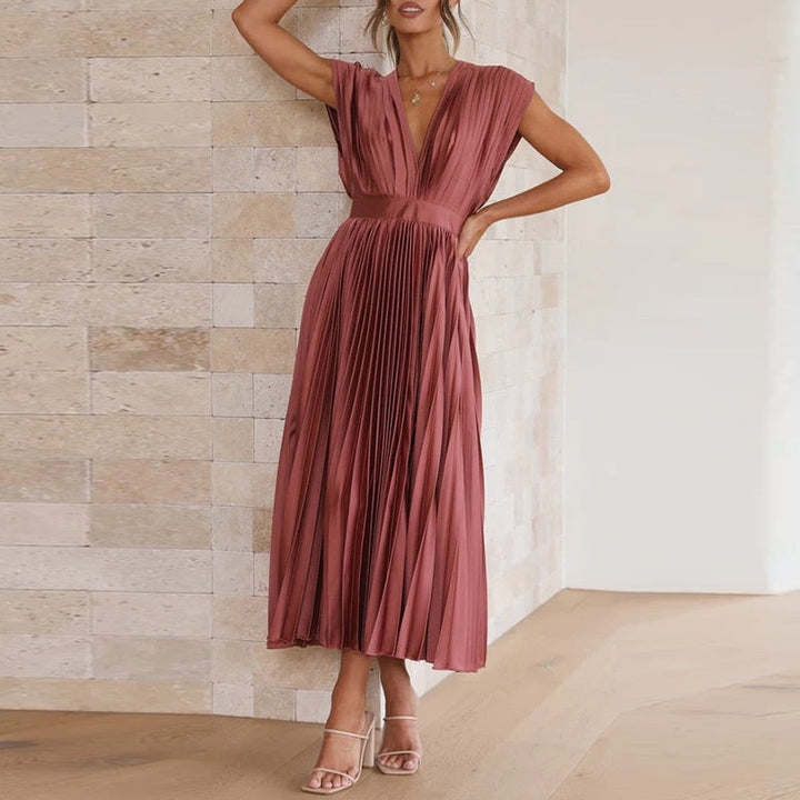 Versatile ladies' apparel: flowing pleated V-neck maxi dress, a fashionable choice for any event.