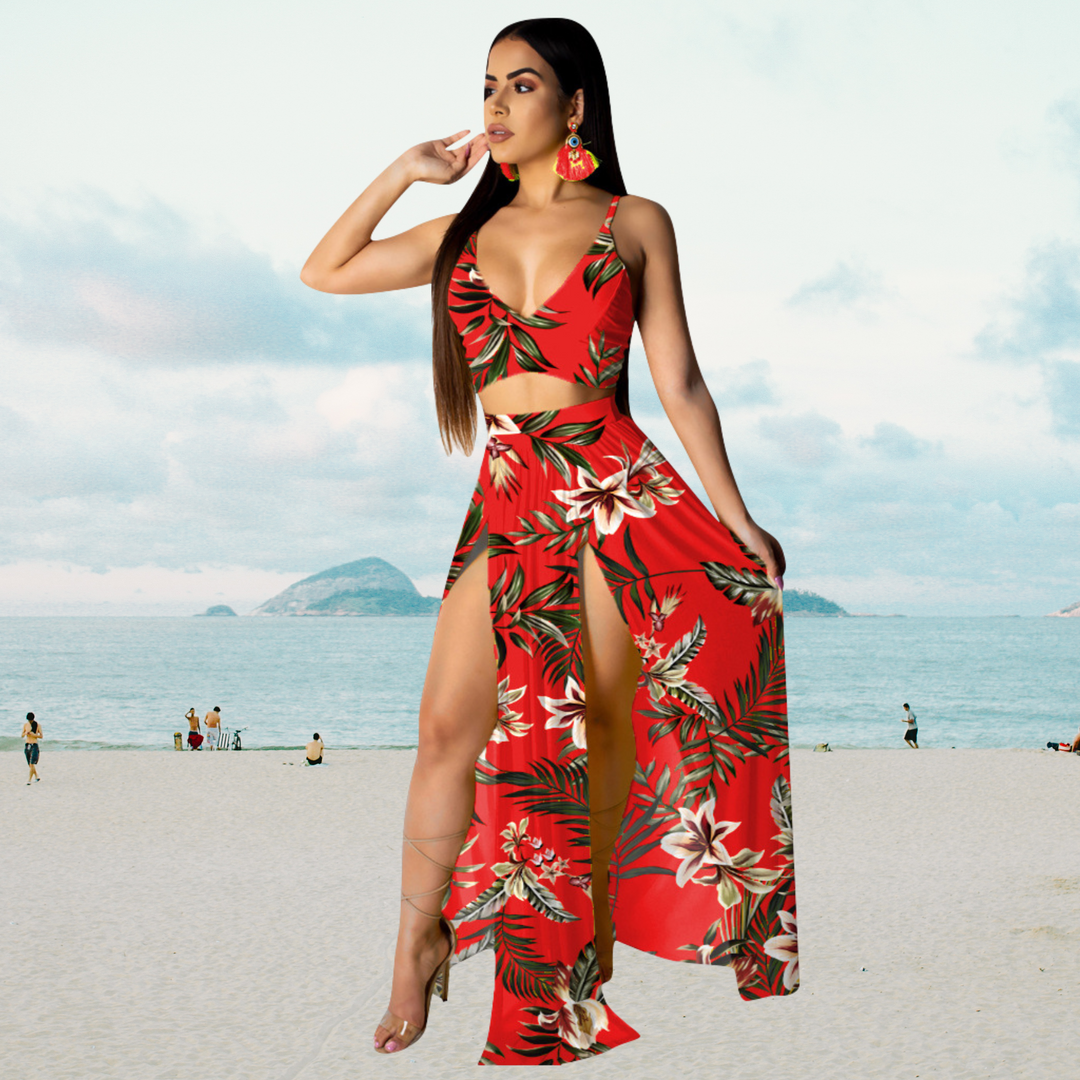 Chic women's two-piece clothing set with a comfortable halter top and an elegant long split skirt