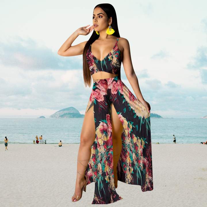 Fashionable summer ensemble: women's halter top and high-slit long skirt for an elegant look