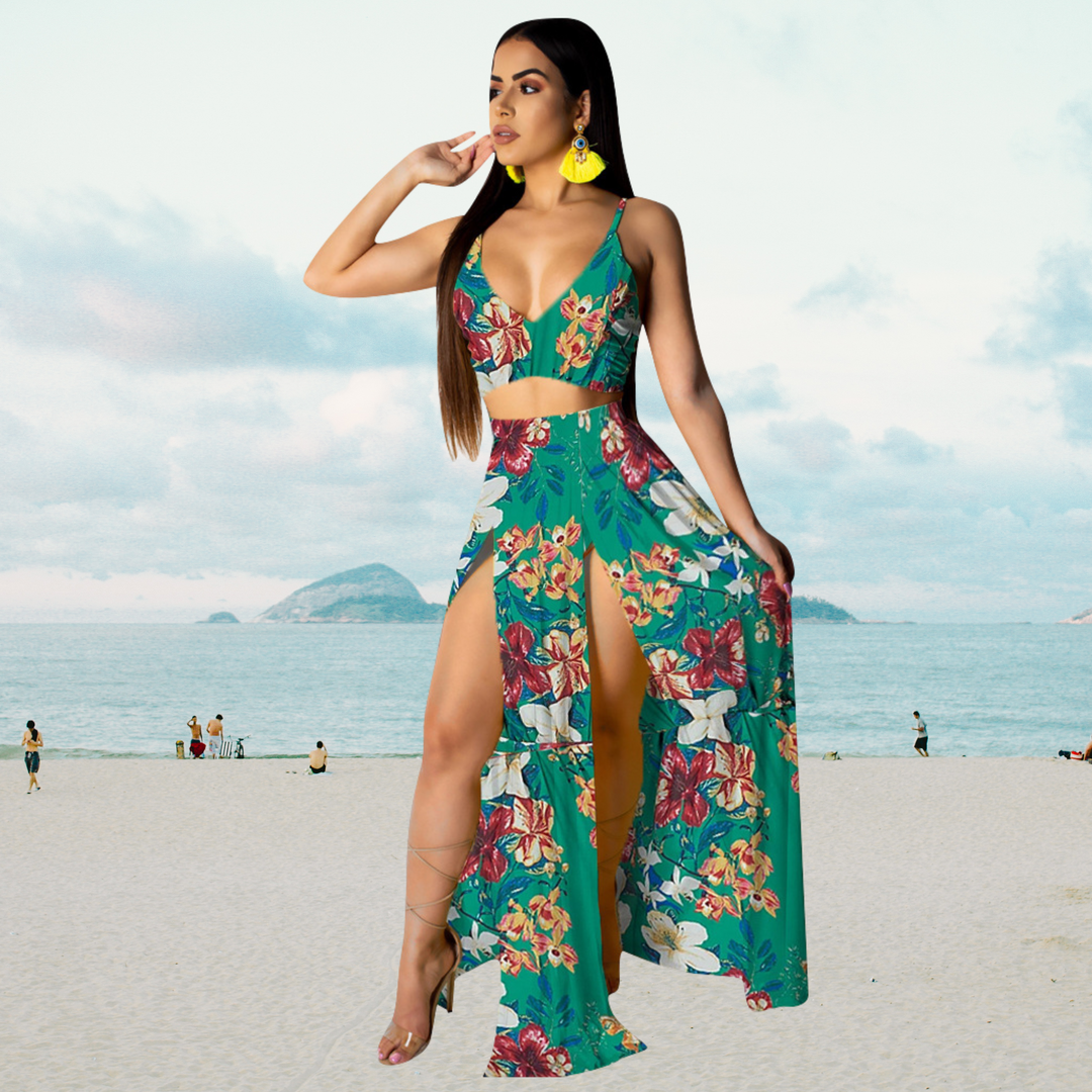 Vibrant green women's halter neck top and long split skirt set, excellent for summer events