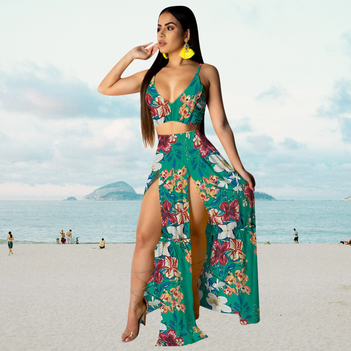 Vibrant green women's halter neck top and long split skirt set, excellent for summer events