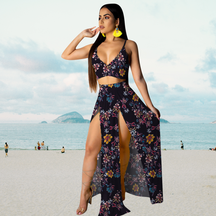 Beautiful women's sleeveless halter top paired with a sophisticated long split skirt, party-ready