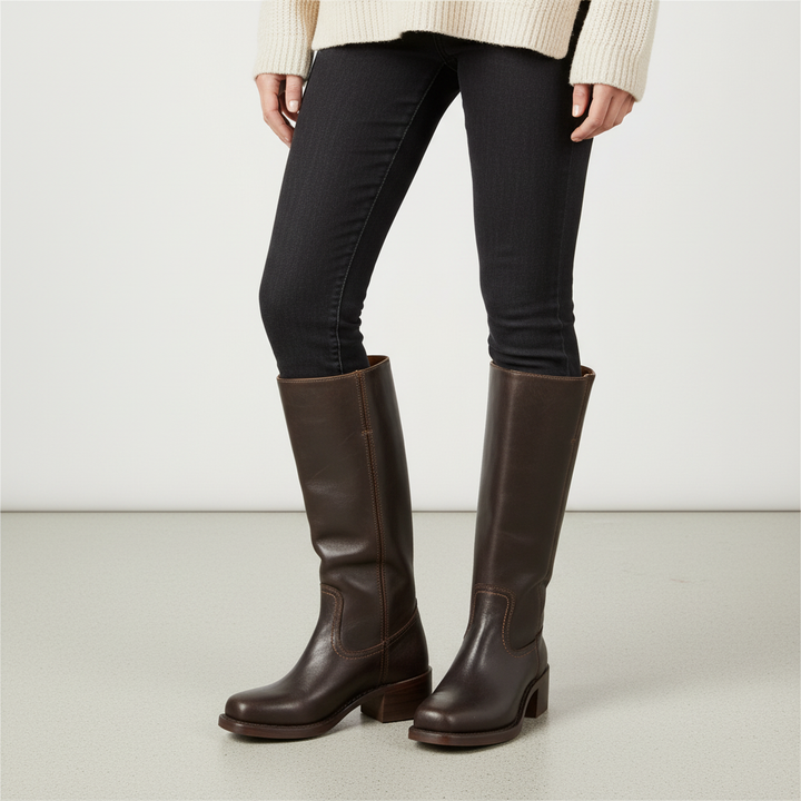 Fashionable Serena women's high-calf leather boots, offering comfortable and timeless fall style.