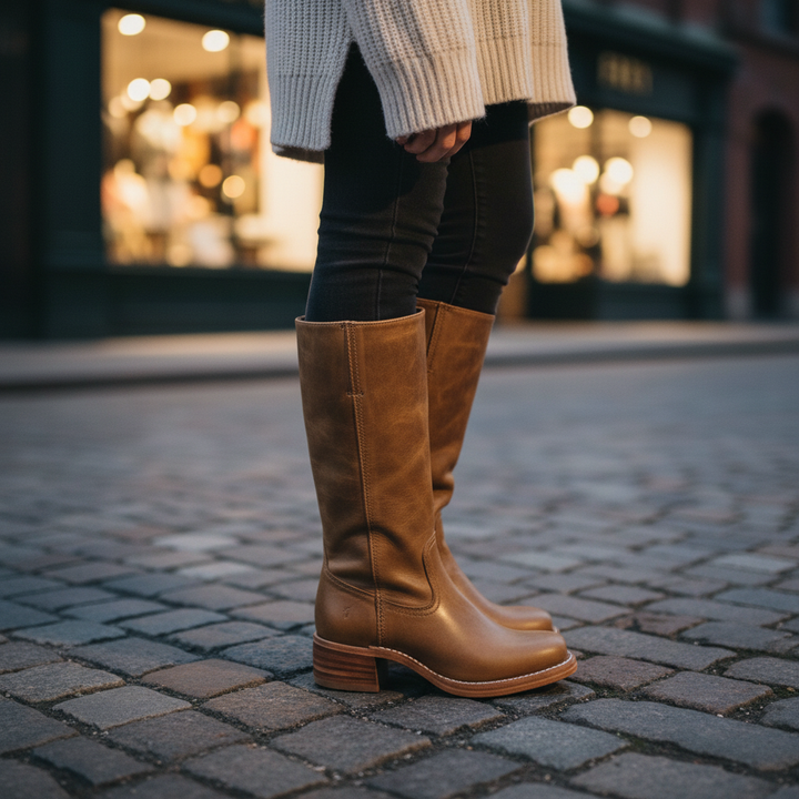 Elegant women's high-calf black leather Serena boots, perfect for winter and fall fashion