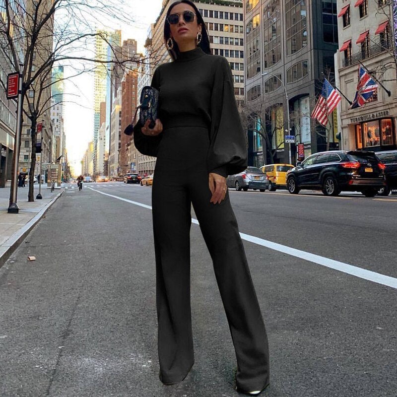 Chic women's long sleeve jumpsuit with a high collar, ideal for versatile fashion, from casual to formal outfits.