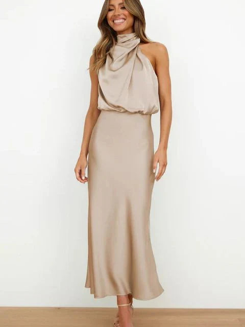 Chic sleeveless high neck long evening dress for women, ideal for formal summer parties & galas.