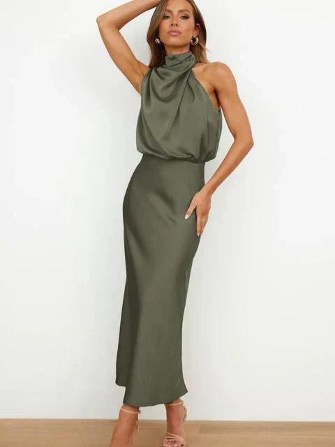 Feminine satin high neck evening dress. Sleeveless & long, great for summer weddings & parties.