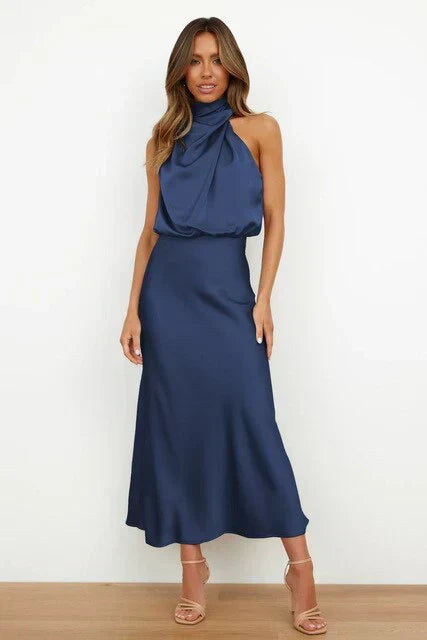 Stylish women's high neck satin evening dress for summer, perfect as a wedding guest or party dress.