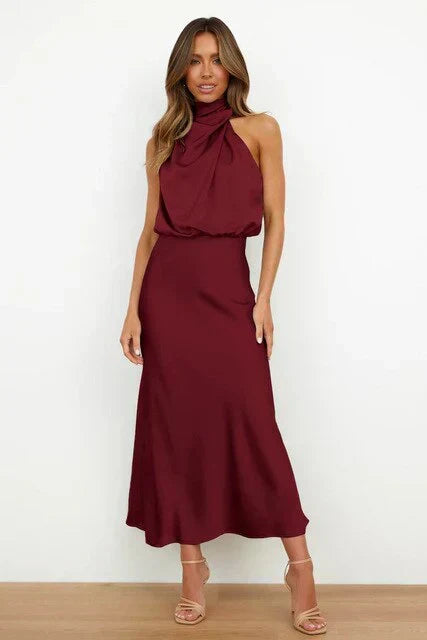 Stunning high neck sleeveless long evening dress in satin, elegant choice for any summer formal event.