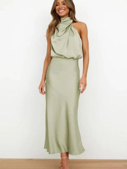 Women's high neck satin formal dress. Sleeveless & long, perfect for elegant summer evening events.