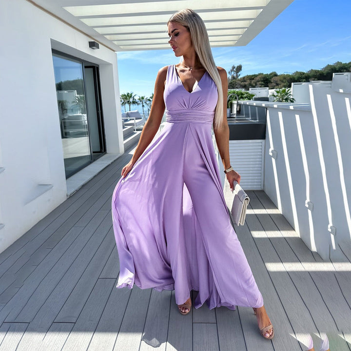 Modern elegant women's jumpsuit, a stylish dress alternative for formal & festive summer gatherings.