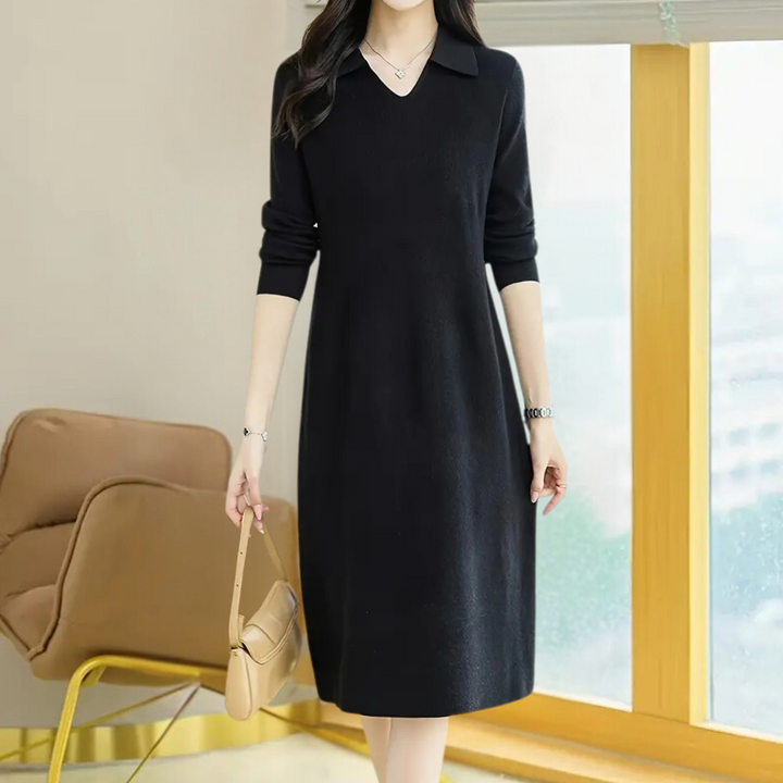 Women's elegant knit midi dress, ideal for fall & winter. One size, comfortable, and flattering for versatile chic looks.