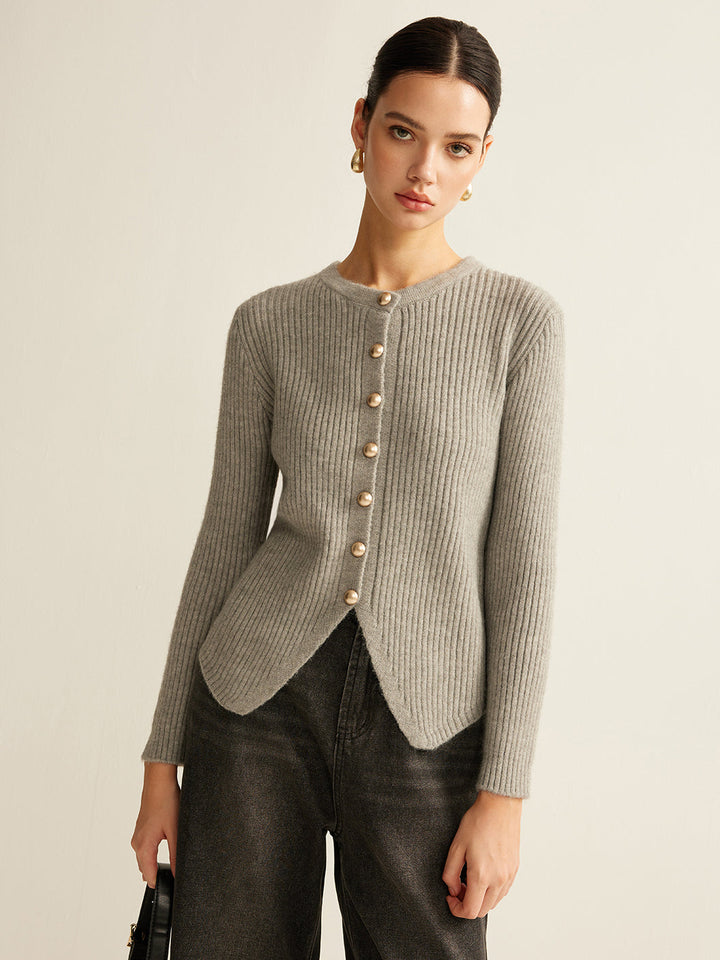 Elegant women's knit sweater with sophisticated button details on the shoulders, perfect for casual chic or workwear.