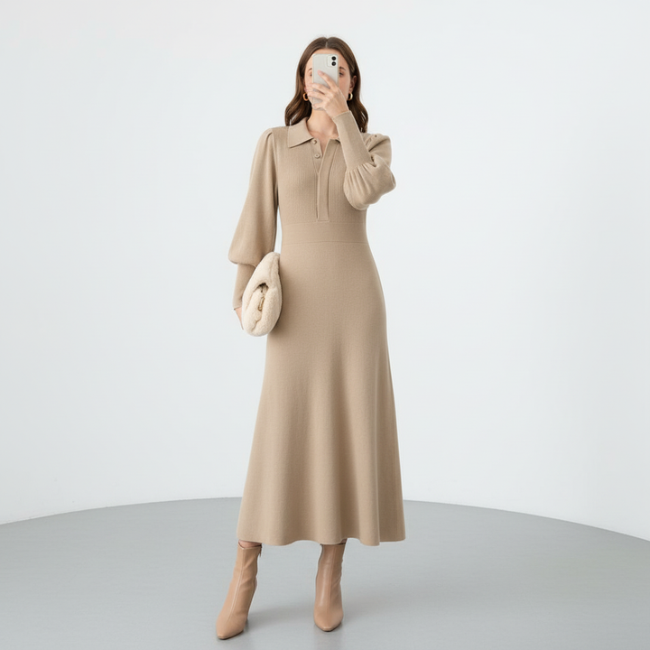 Stylish black knitted midi dress by Ines, featuring a collar and comfortable fit