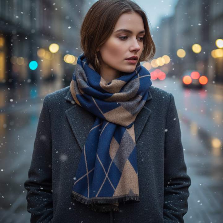 Elegant women's knitted silk cashmere scarf, a soft and warm winter fashion accessory.